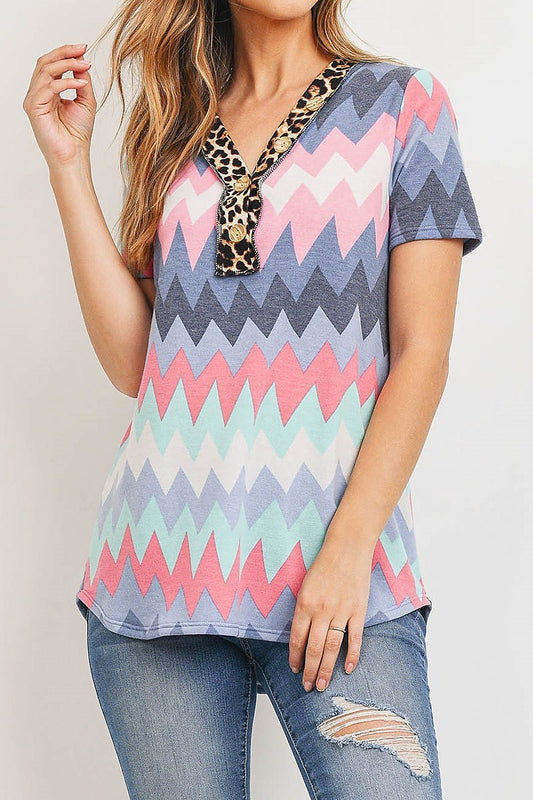 Animal chevron print color block top with button trim (ED8936-LAST)