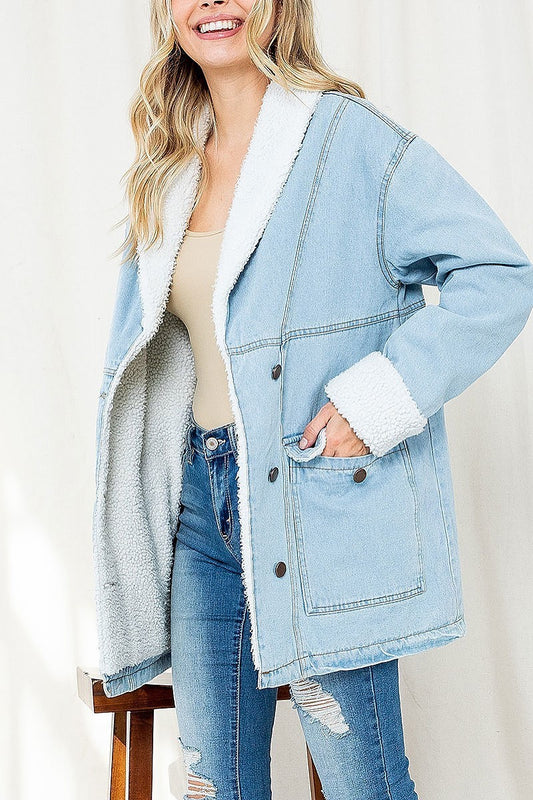 Faux fur trimmed button front denim jacket coat (DGS5624)