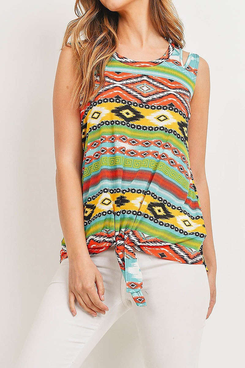 Tribal print waist tie round neck top (ED8932-LAST)