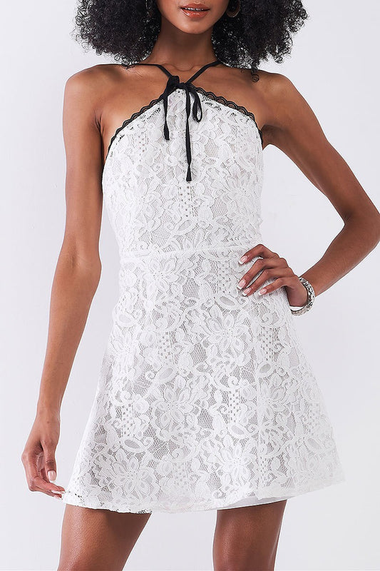 Halter neck low back contrast lace trim dress (TDG8175)