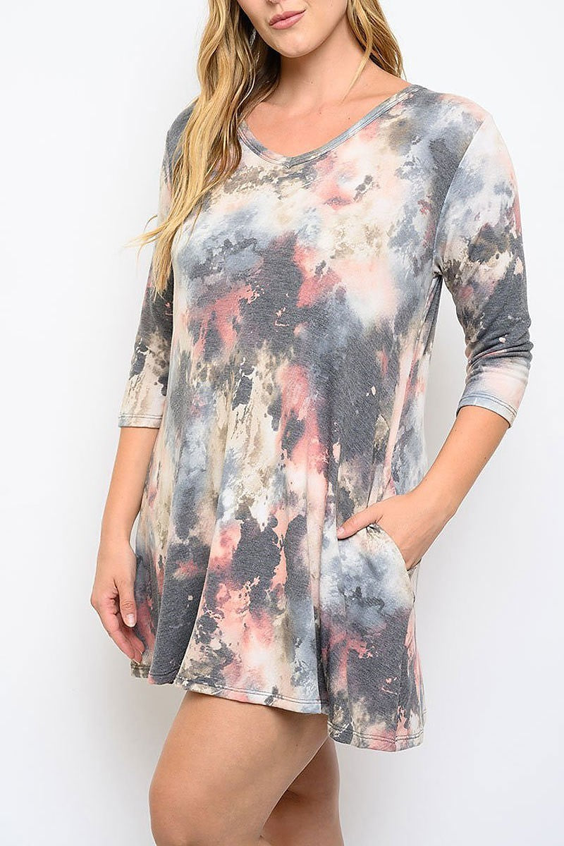 Tie dye v neck pocket dress (EDWT3089)