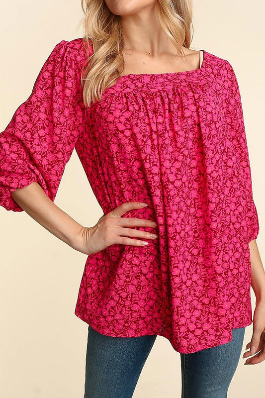 Three quarter sleeve small floral woven top (ETBM4428)