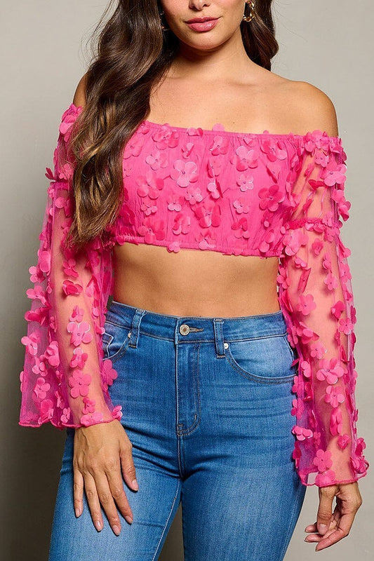 Bell sleeve off shoulder flowers detailed crop top (EFWT9949)