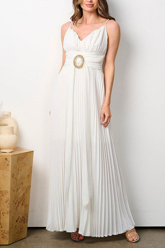 Sleeveless v-neck pleated maxi dress (EFWT7815)