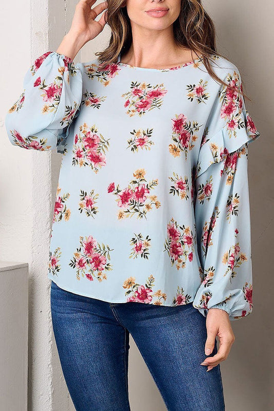 Long sleeve ruffle floral tunic top (EFWT3002)