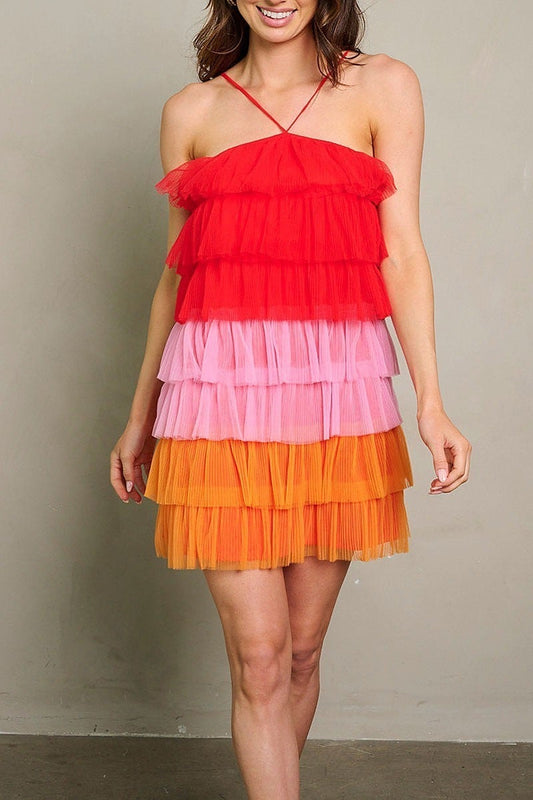 Sleeveless tiered ruffle colorblock mini dress (EGWT1966)