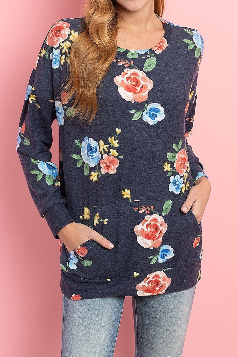 Floral long sleeves pullover with kangaroo pocket (ED8486)