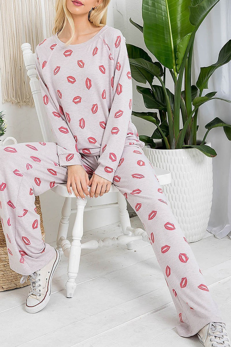 Kiss print cuffed long sleeve top and pants set (EF3159)