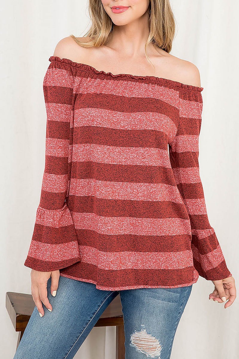 Off shoulder bell sleeve stripe top (EF2620)