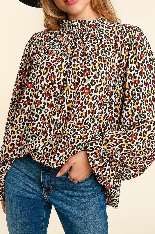 Plus frilled mock neck animal print button top (ETBM4029)