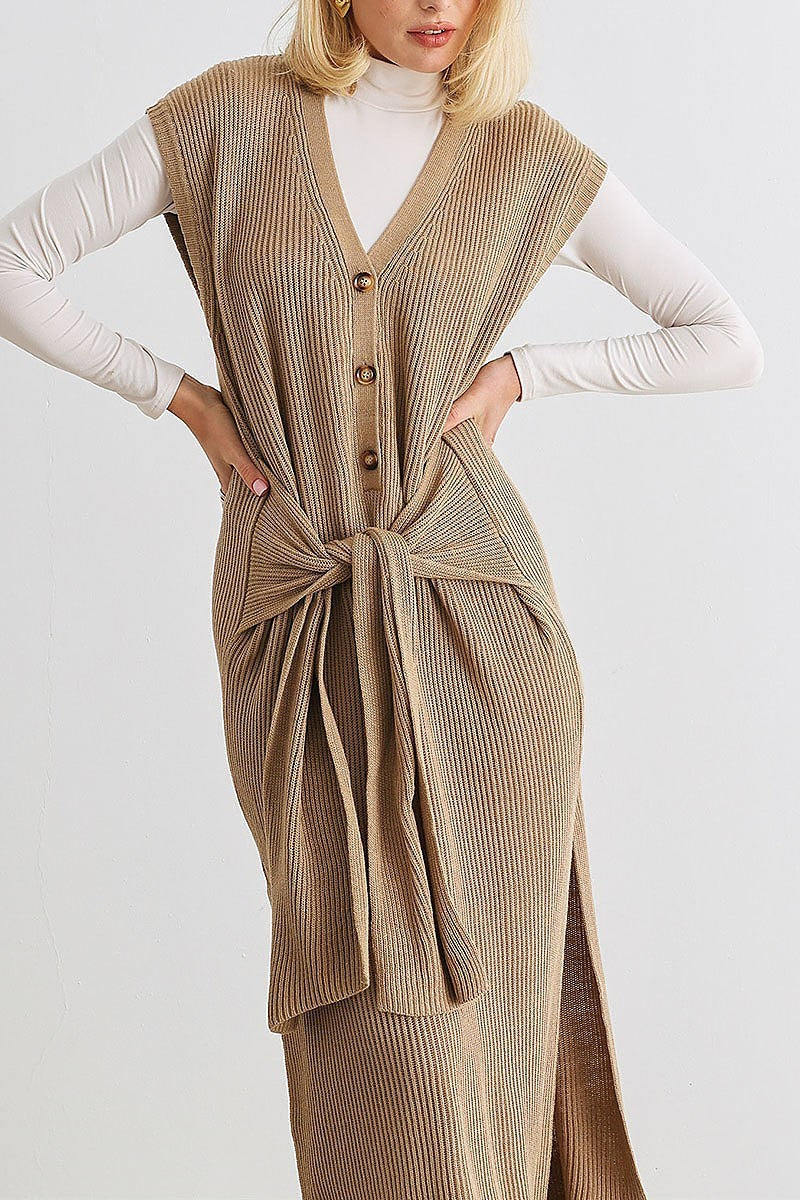 Knit button up belted midi sweater dress (TED1982)