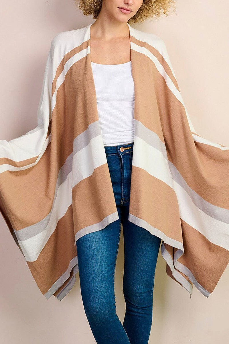 Long sleeve open front colorblock poncho (EFWT8550)