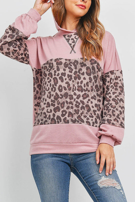 Rib leopard contrast puff sleeve hoodie (EF2038)