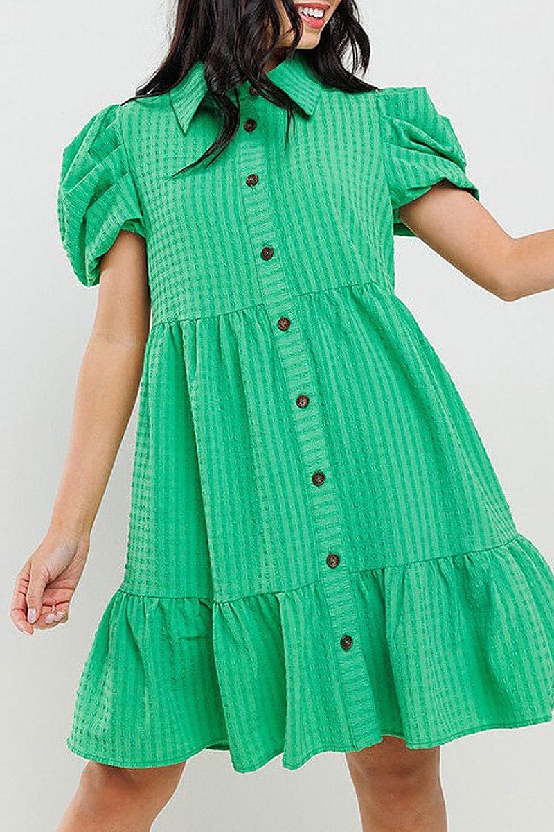 Puff sleeves button up pockets tiered mini dress (EFWT5709)