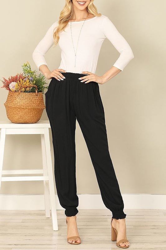 Smocked waist bottom hem side pocket solid pants (DGB3841)