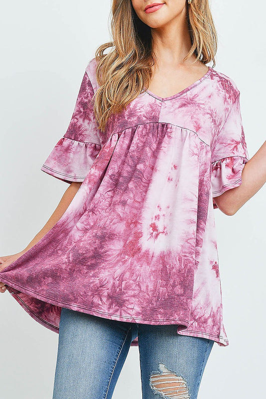 V neck ruffle sleeve tie dye top (ED9618)