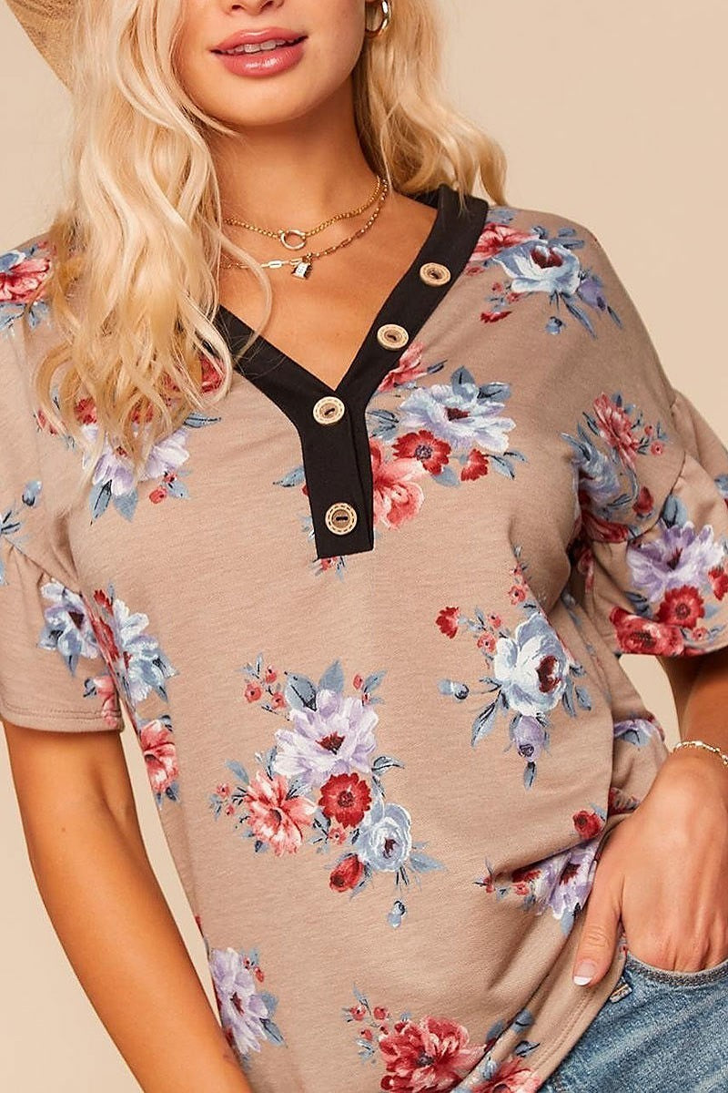 Floral v neck button ruffle bell sleeve blouse (EDBM5099)