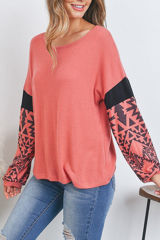 Aztec print color block bubble sleeve top (EF2484)