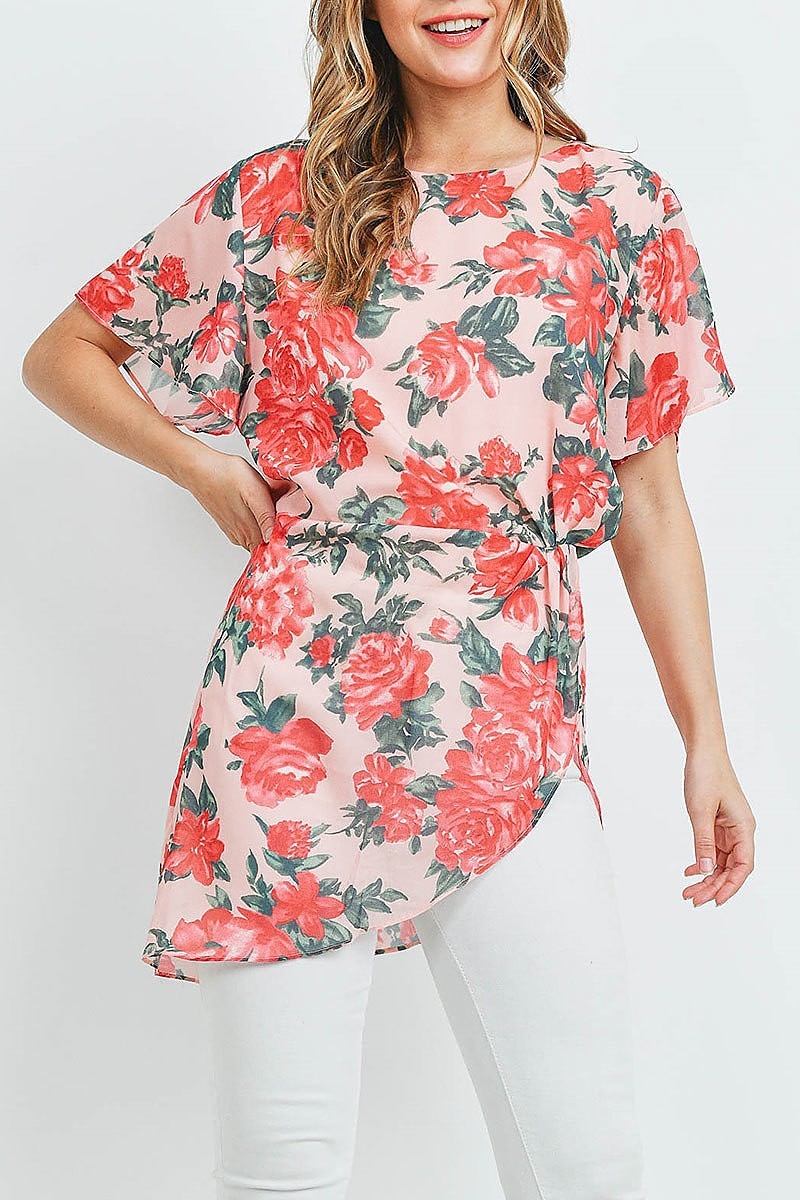 Flutter sleeve floral print pleated detail tunic top (ED9185)