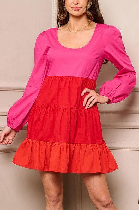 Long sleeve colorblock tiered mini dress (EFWT5468)