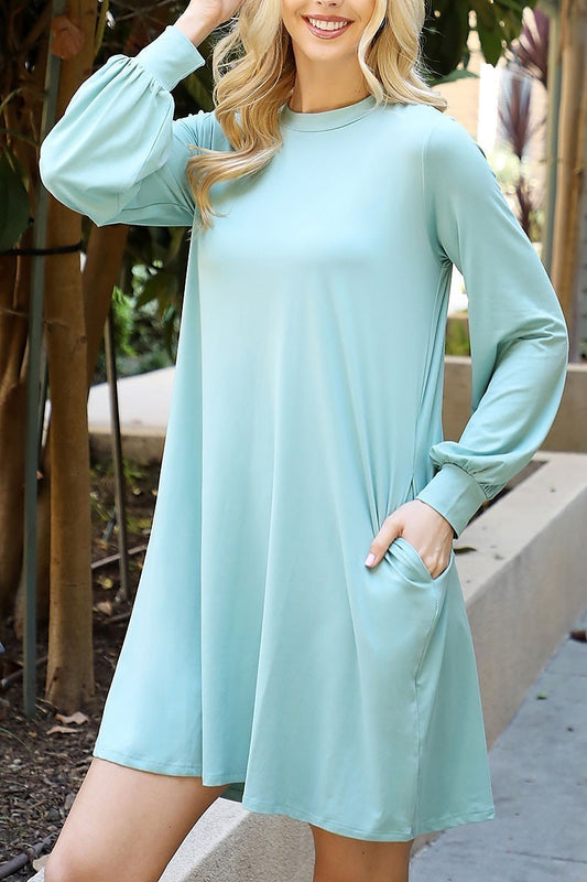 Solid round neckline long sleeve dress (DED9801-2)