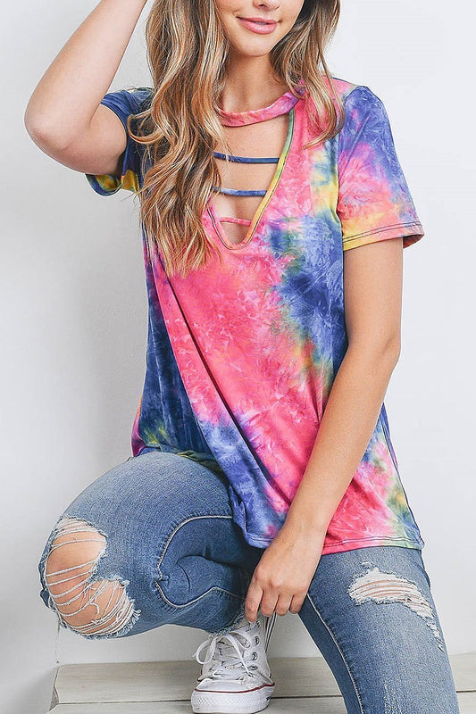 Tie dye keyhole v neck top (EF3242)