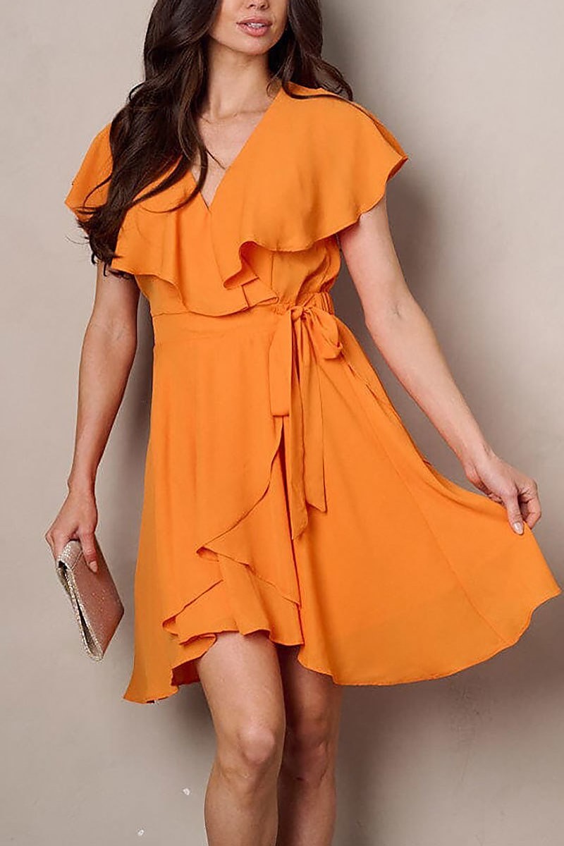 Short sleeve ruffle wrap self tie mini dress (EFWT2282)