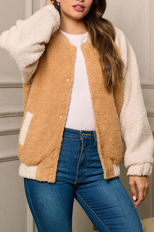 Long sleeve button front sherpa colorblock jacket (EFWT5881)