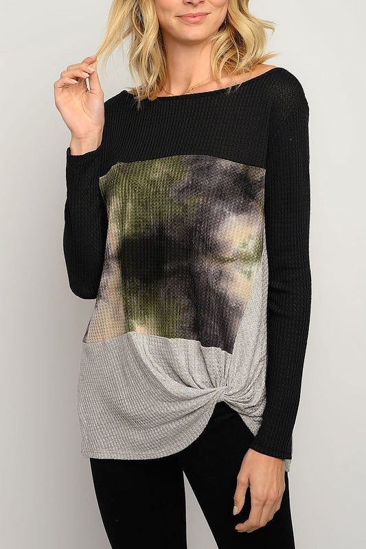 Tie dye color block long sleeve front tie top (EDWT3263)