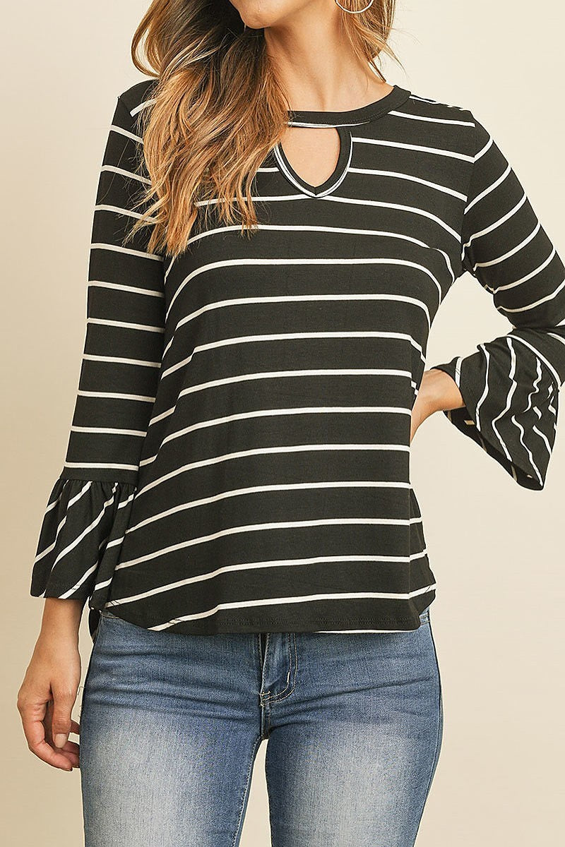 Key hole bell sleeve stripe top (ED8004)