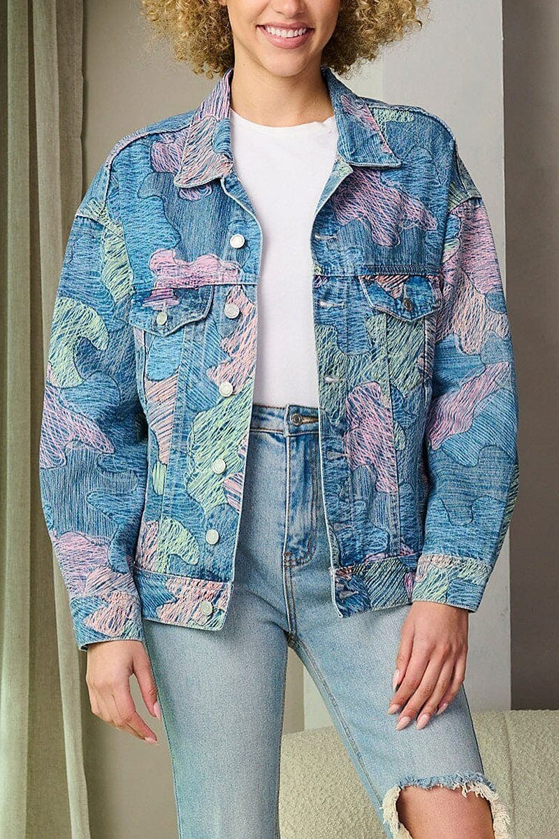 Long sleeve button closure printed denim jacket (EFWT9304-1)