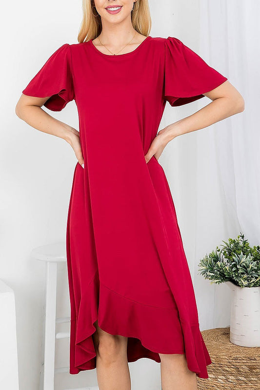 Flutter sleeve ruffle hem asymmetrical hem midi dress (DED7828)