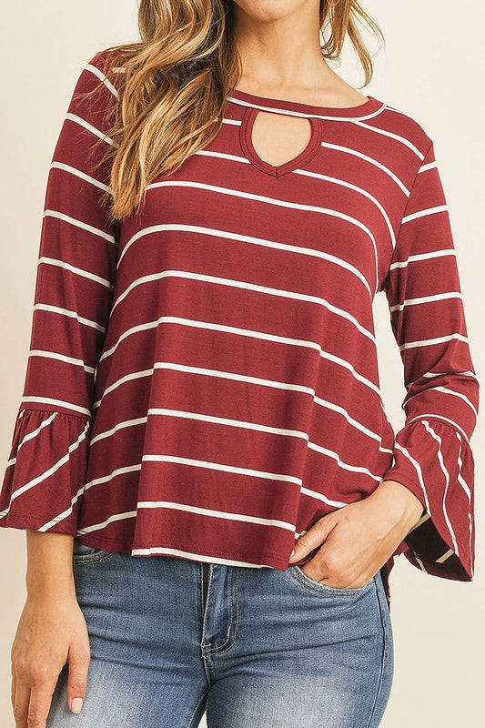 Key hole neck bell sleeve stripe top (ED7841)