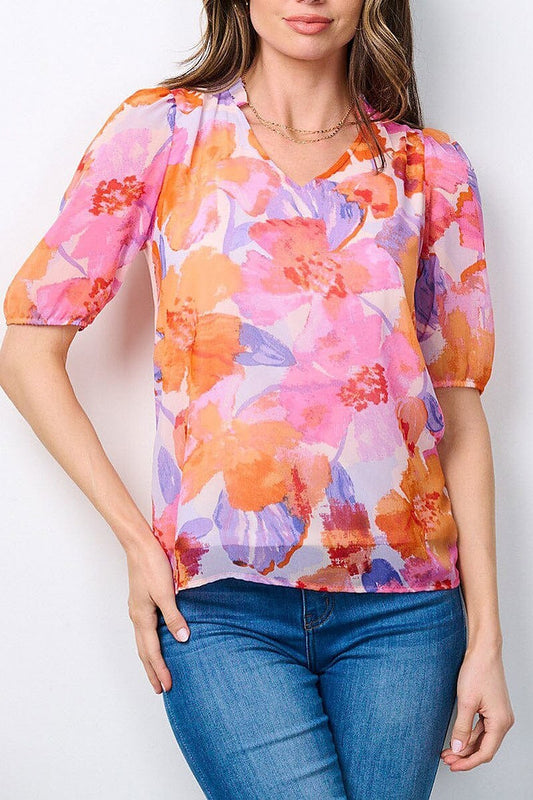 Short sleeve v-neck floral blouse top (EFWT7241)