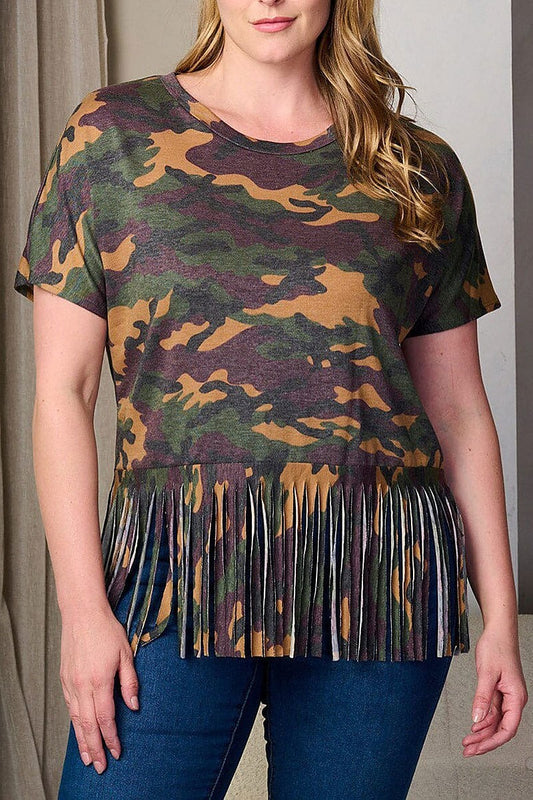 Fringe bottom hem tunic camo print top (EFWT8210)