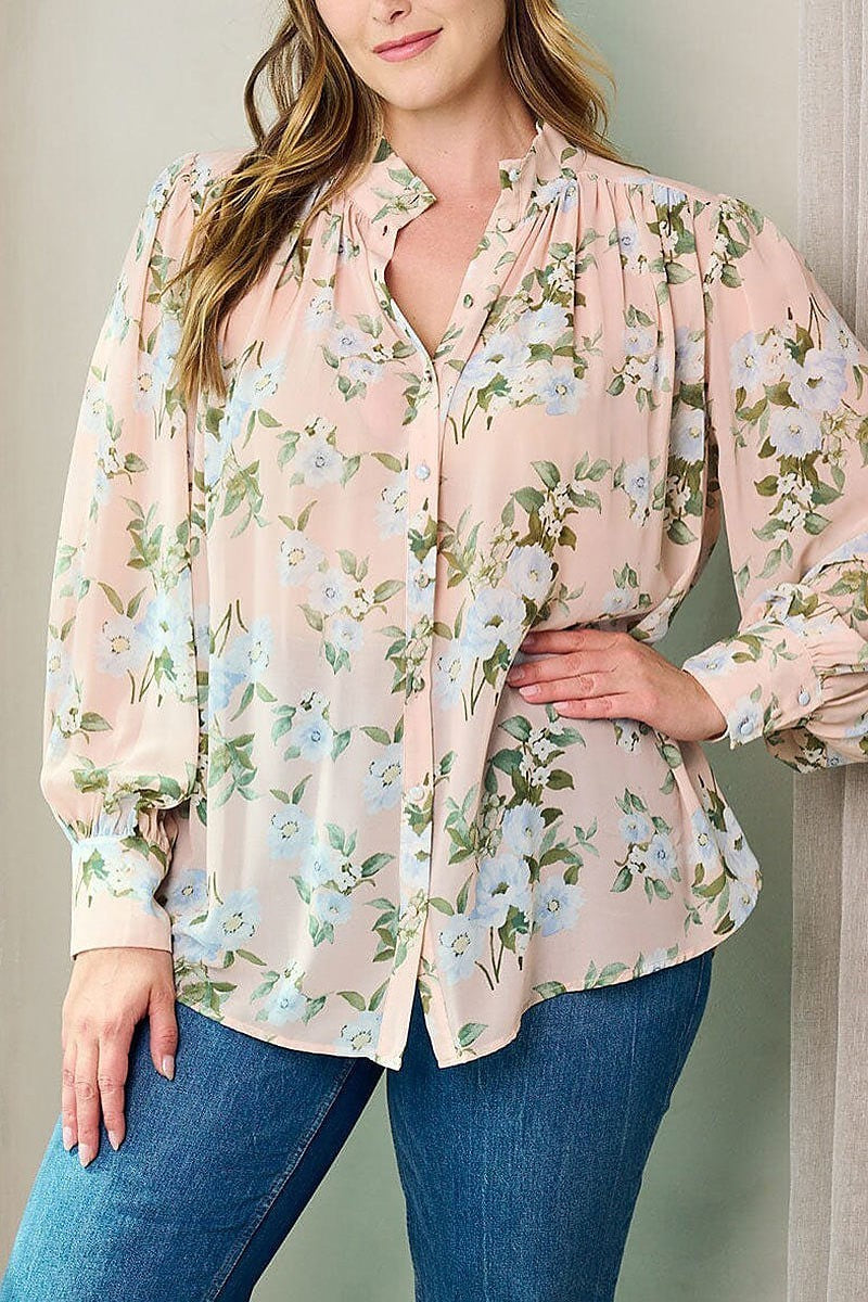 Long sleeve button up floral blouse top (EFWT2724)