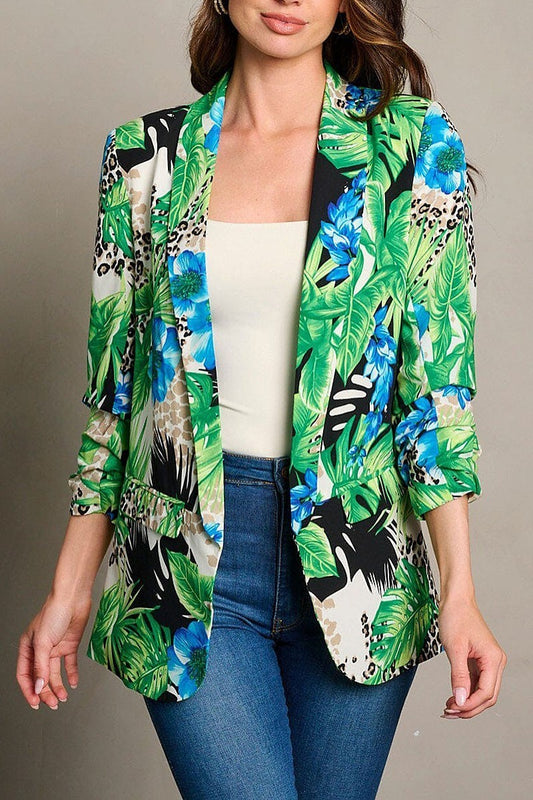 3/4 ruched sleeves open front floral print blazer (EGWT2136)