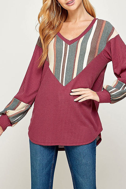 Stripe color block bubble sleeve top (ET2373)