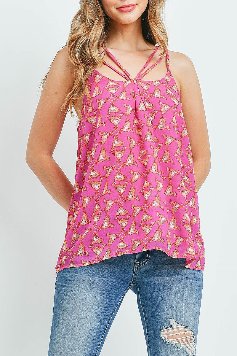 Spaghetti strap design bird print loose fit top (ED9526)