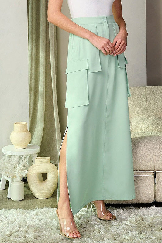 Button closure cargo pockets maxi skirt (EFWT8865)