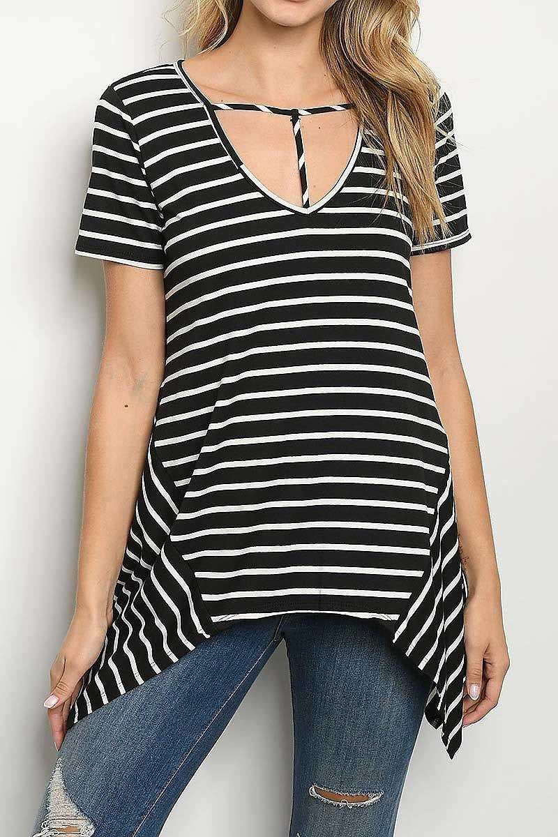 Spaghetti detail v neck stripe top (ED5842-LAST)