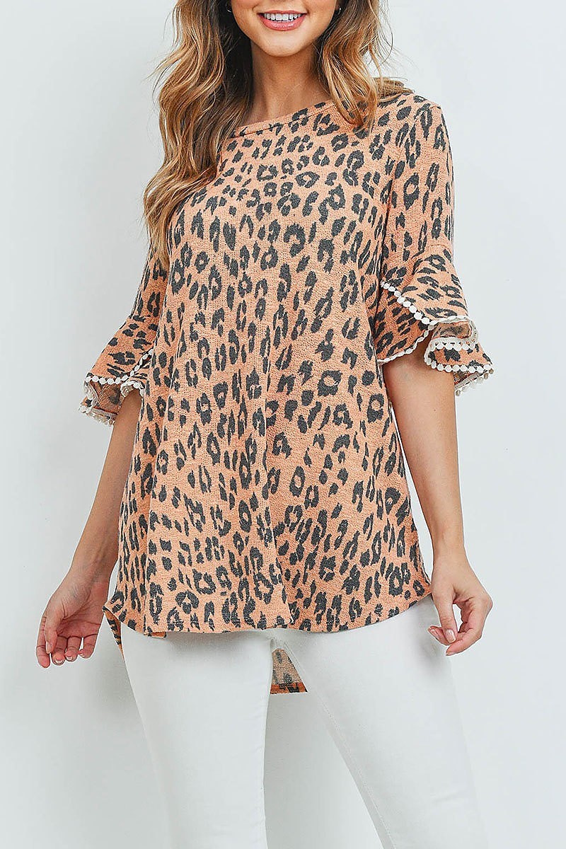 Lace detail bell sleeves leopard top (ED8809)