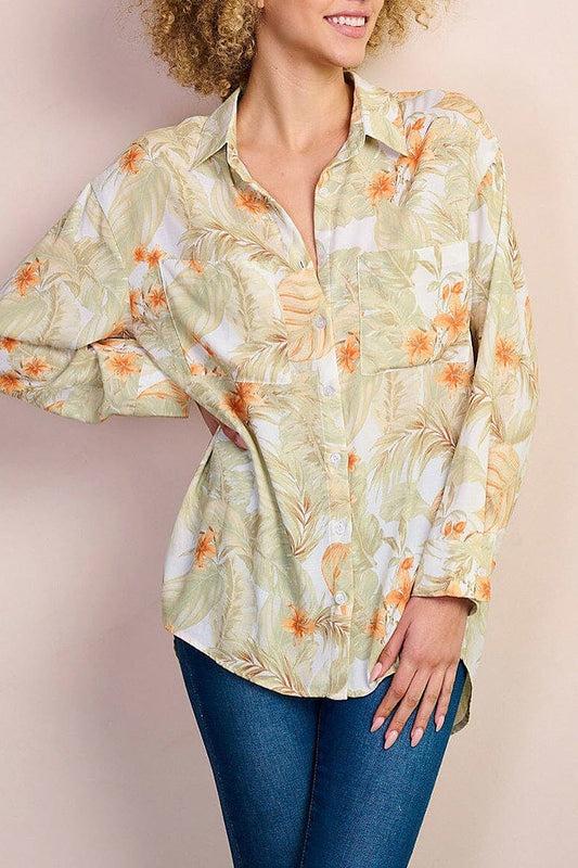 Button up front pocket leaf print blouse top (EFWT8483)