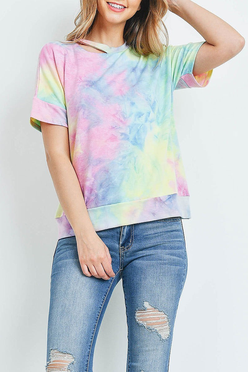 Cutout neckline tie dye banded hem top (ED9157)