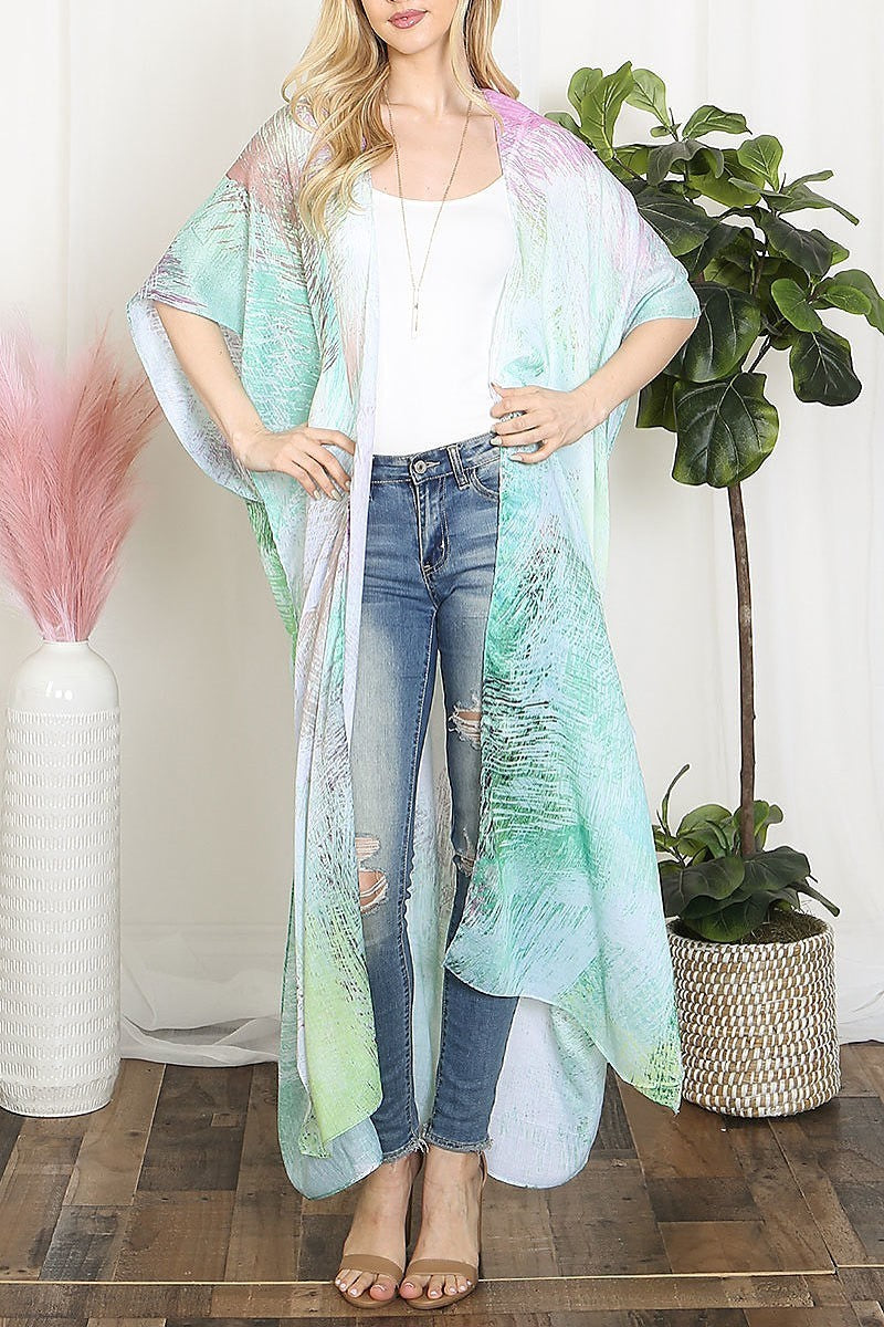 Tie dye multicolor splatter line print open front long kimono (EF5608)