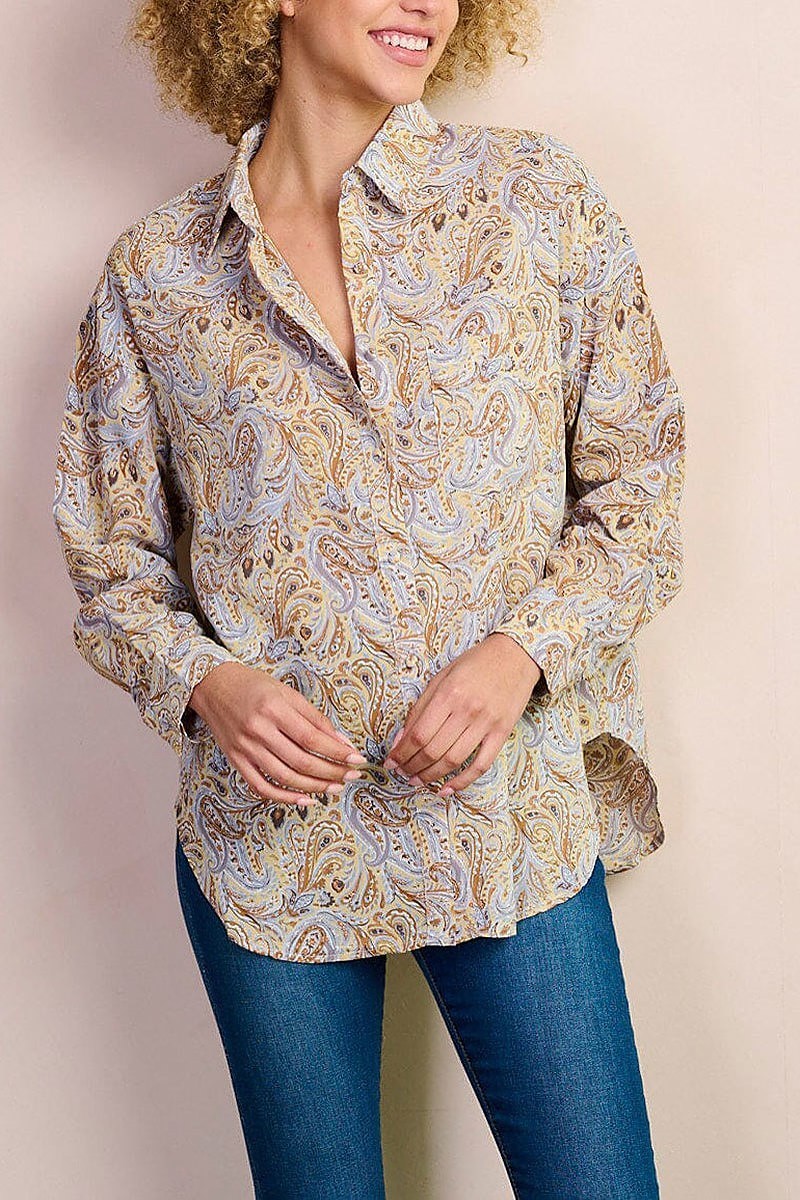 Long sleeve button up paisley print blouse top (EFWT8329)