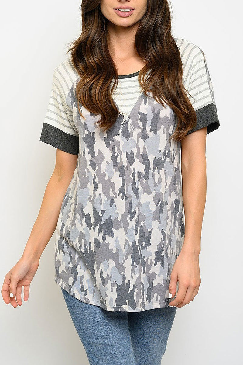 Stripe sleeve camo print top (EDWT4154)