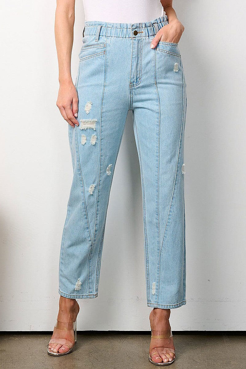 Button closure pockets distressed denim pants (EFWT7994)