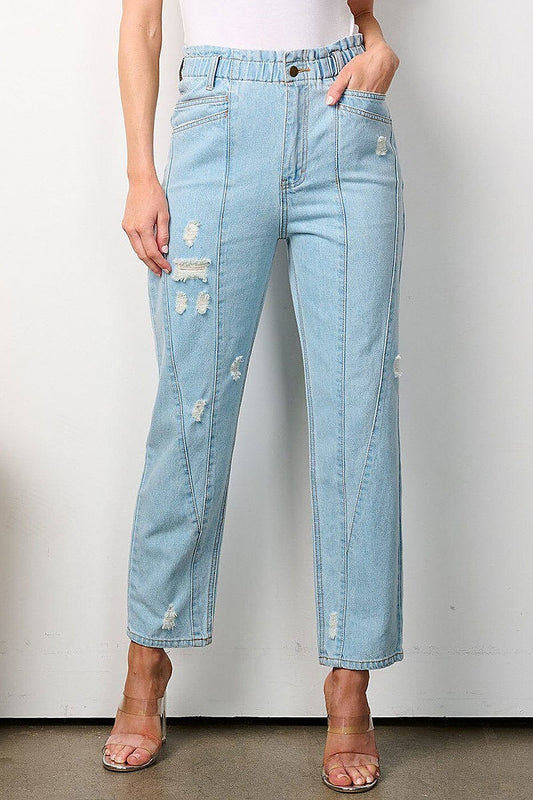 Button closure pockets distressed denim pants (EFWT7994)