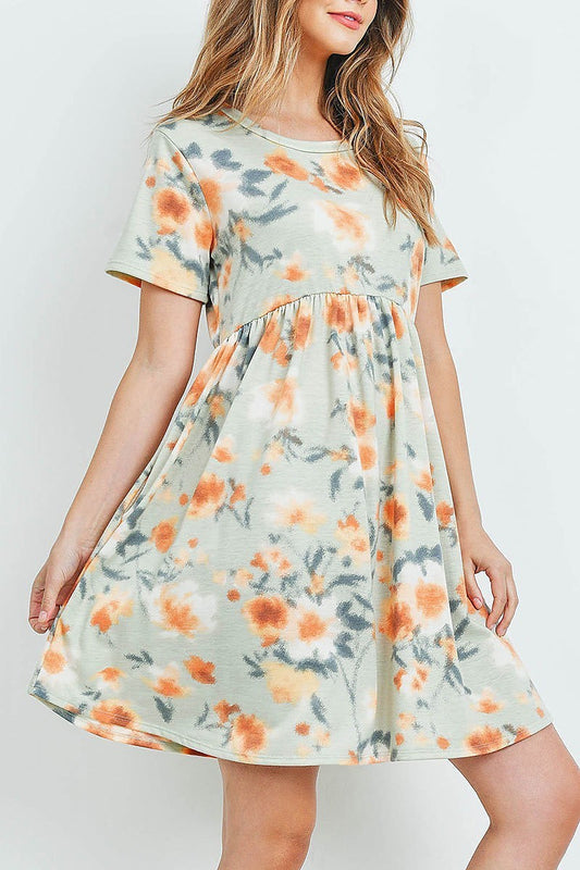 Painterly floral print short sleeves dress (DED6047)